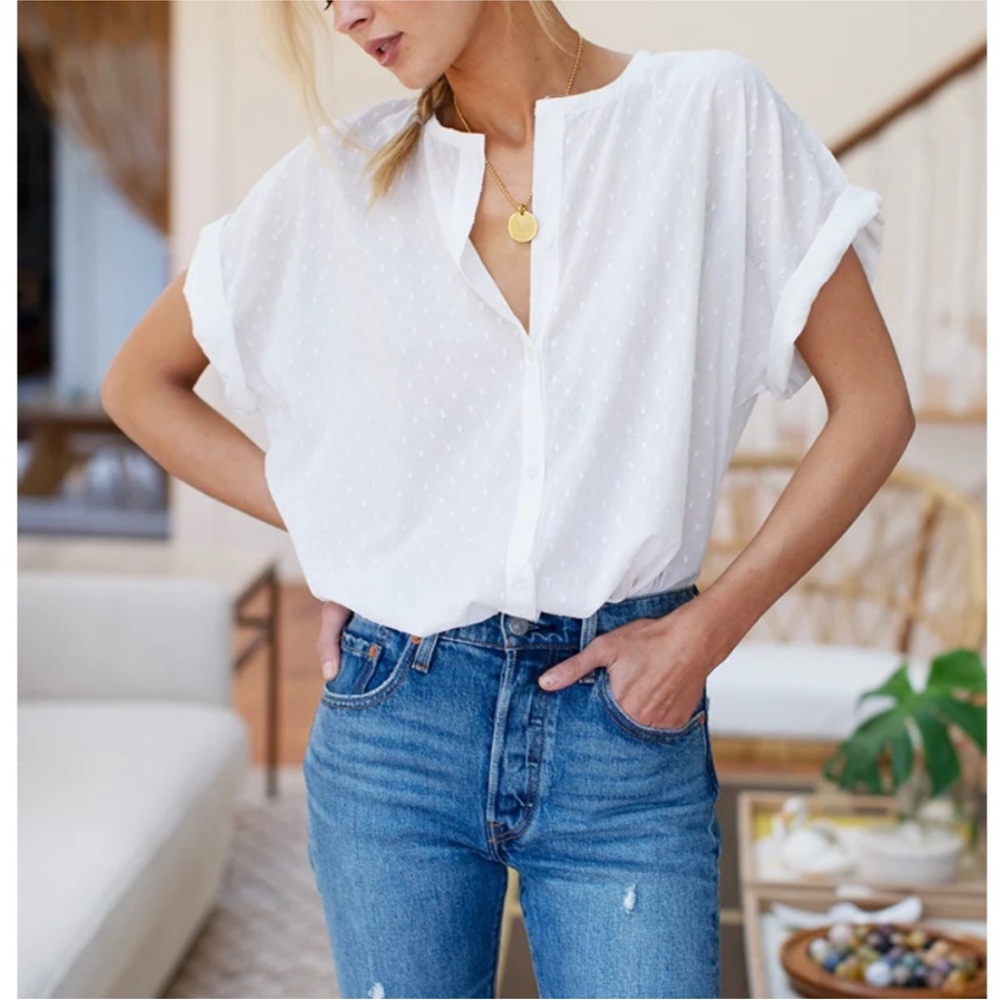 Emerson Fry White Swiss Dot Short Sleeve Button Front Blouse - Picture 3 of 6